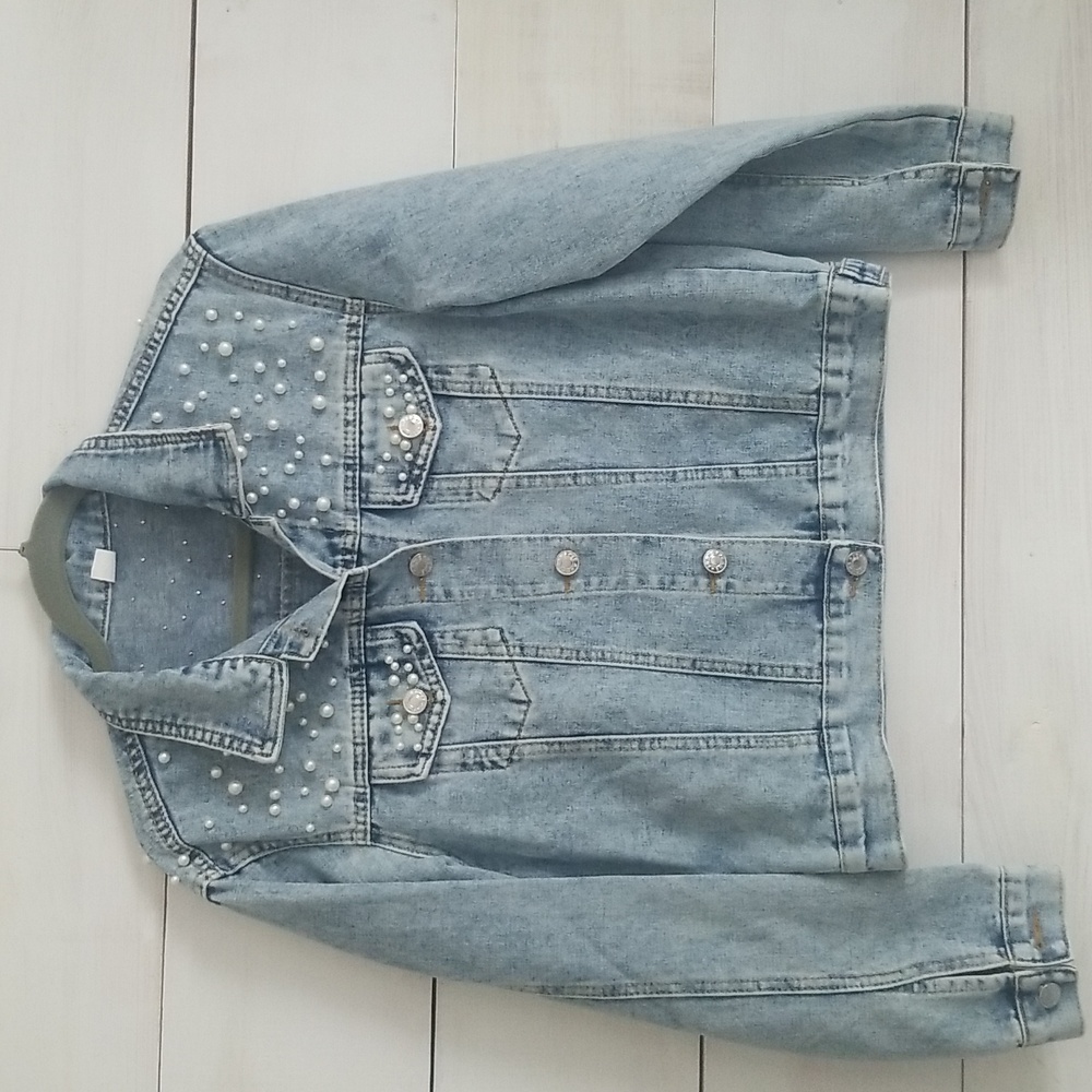 Women's Blue Jean Jacket with Pearl Accents